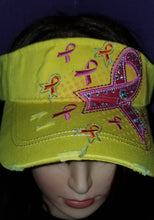 Load image into Gallery viewer, Yellow and Pink Breast Cancer Awareness distressed sun visor