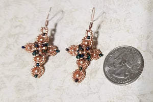 Petite Rose Gold Cross earrings with Austrian glass pearls