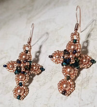 Load image into Gallery viewer, Petite Rose Gold Cross earrings with Austrian glass pearls